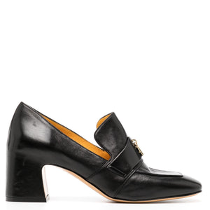 Black leather loafer with lock buckle detail and chunky block heel, slip-on