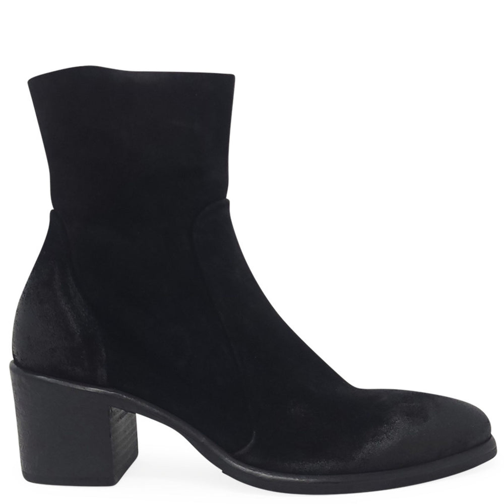 Black suede ankle boot with block heel and almond toe