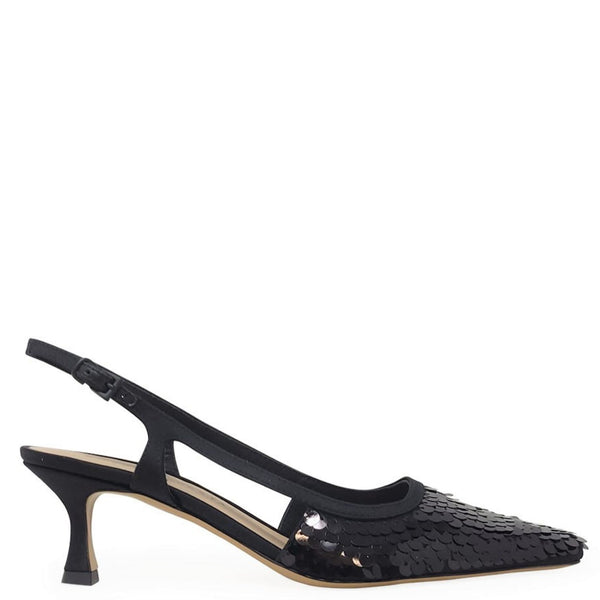Black sequined slingback heel with pointed snip toe and slim mid heel