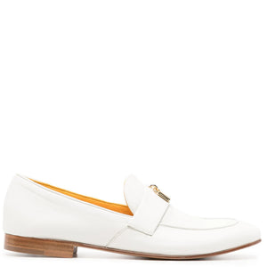 White leather flat loafer with gold lock-style bit detail and moc toe