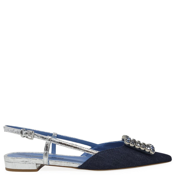 Denim sling-back flat with silver strap, pointed toe, jeweled buckle, low block heel