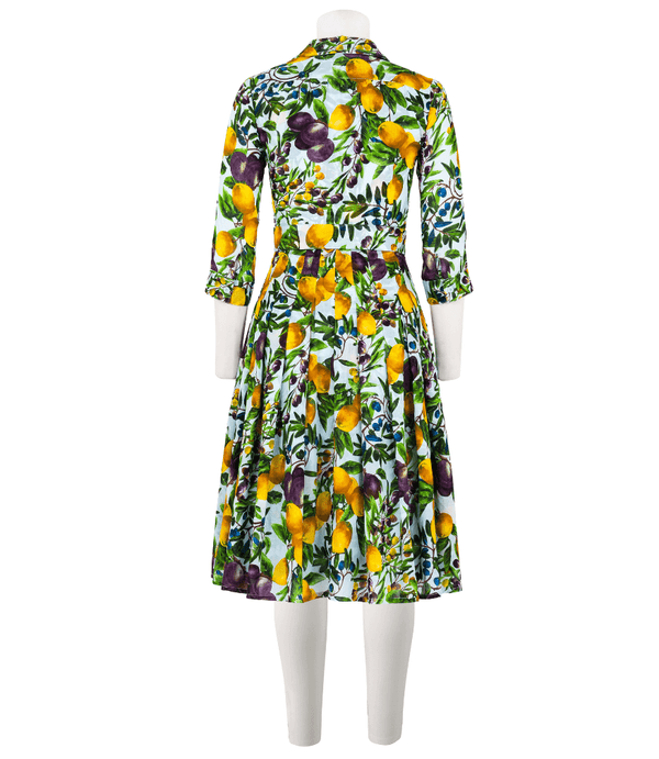 Long Audrey dress back view in white fruit botanical print, belted waist, 3/4 sleeves