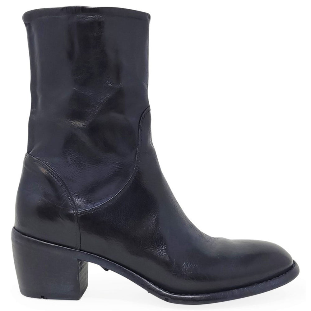 Navy leather mid-calf boot with side pull-on zipper and chunky block heel