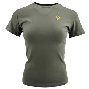 Khaki crew-neck T-shirt with small gold music note logo on chest