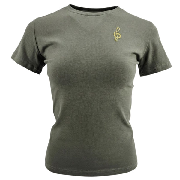 Khaki crew-neck T-shirt with small gold music note logo on chest