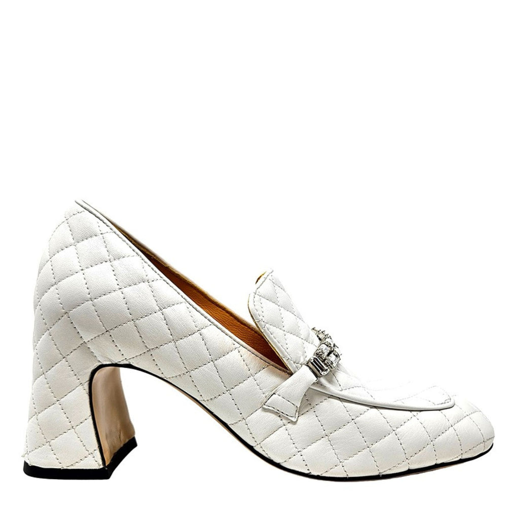 White quilted leather loafer with square heel and rhinestone buckle strap