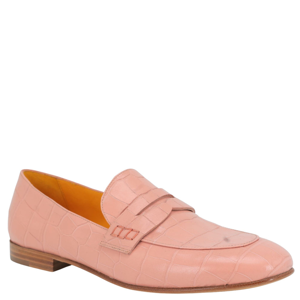Nude pink croc-embossed leather loafer, flat moc toe with penny strap and brown sole