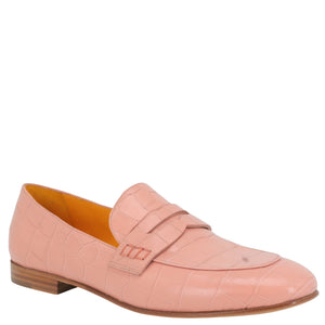 Nude pink croc-embossed leather flat loafer with moc toe, penny strap, low brown heel