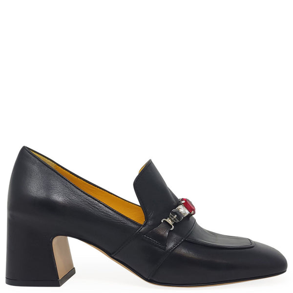 Black leather mid-heel loafer with jeweled buckle on the upper