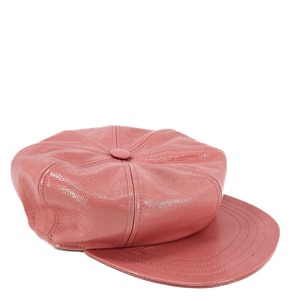 Caramella pink leather motorcycle hat with buttoned top and curved brim