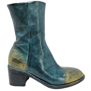 Teal ankle boot with distressed hand-rubbed patina and mid block heel