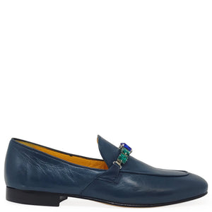 Blue leather flat loafer with colorful jeweled ornament at the top