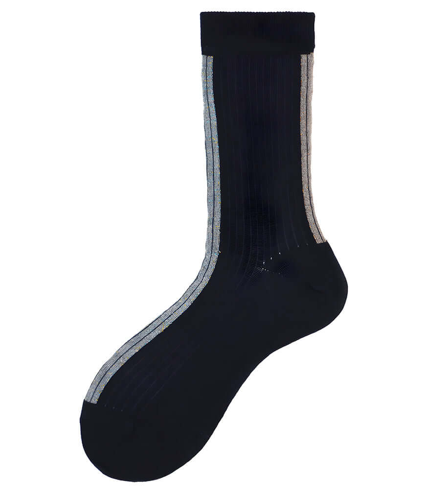 Dark short crew socks with ribbed knit and light contrast trim