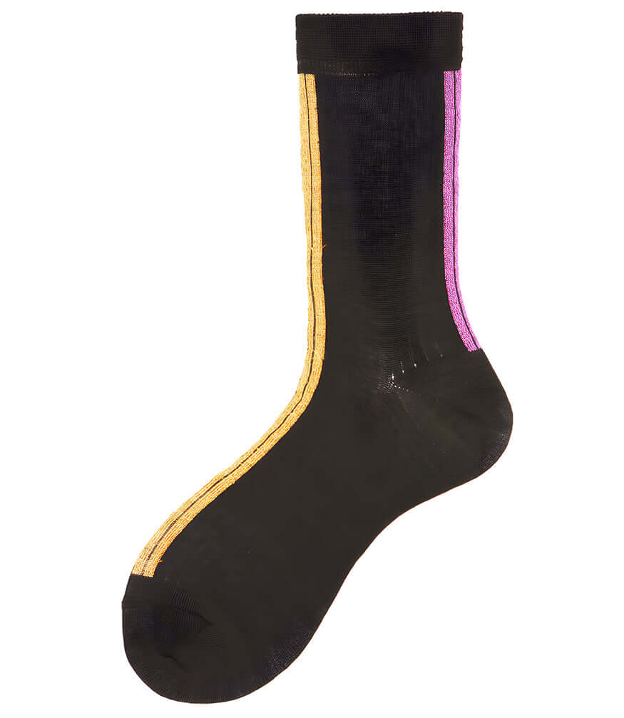 Short dress socks in dark with yellow and pink trim, ribbed cuff