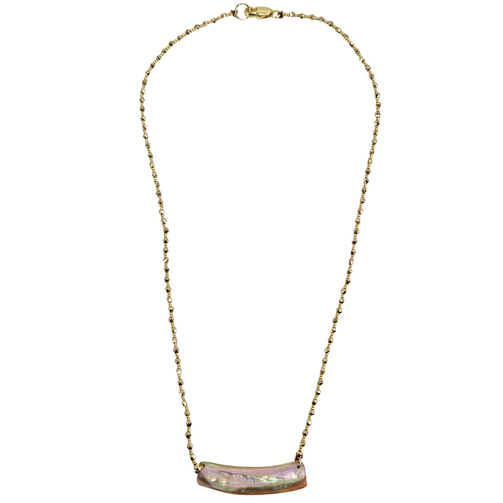 Curved bar pendant necklace with iridescent shell bar on gold-tone beaded chain