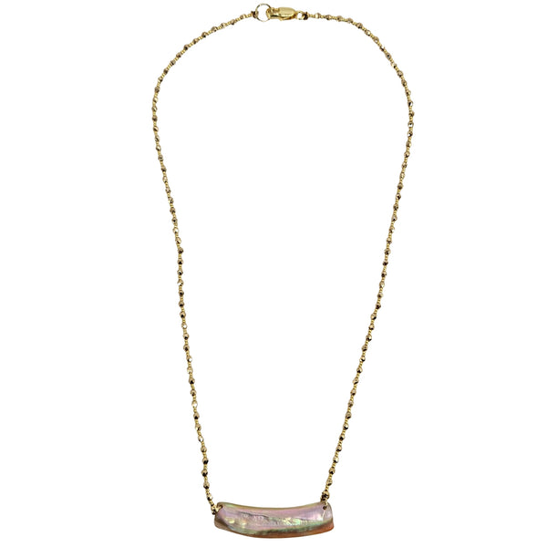Curved bar pendant necklace with iridescent shell bar on gold-tone beaded chain