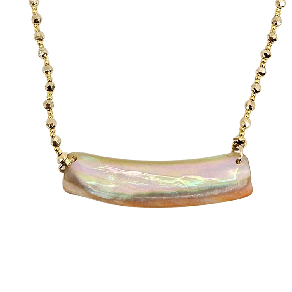 Curved bar pendant necklace with iridescent shell bar on gold-tone beaded chain