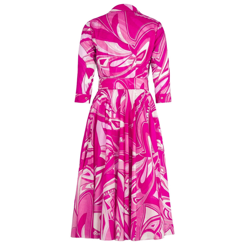 Pink printed long-sleeve midi dress with tie belt and V-neck front