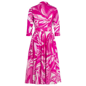 Pink printed long-sleeve midi dress with belt waist, back view