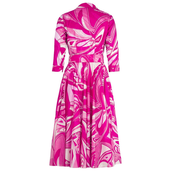 Pink printed long-sleeve midi dress with belt waist, back view