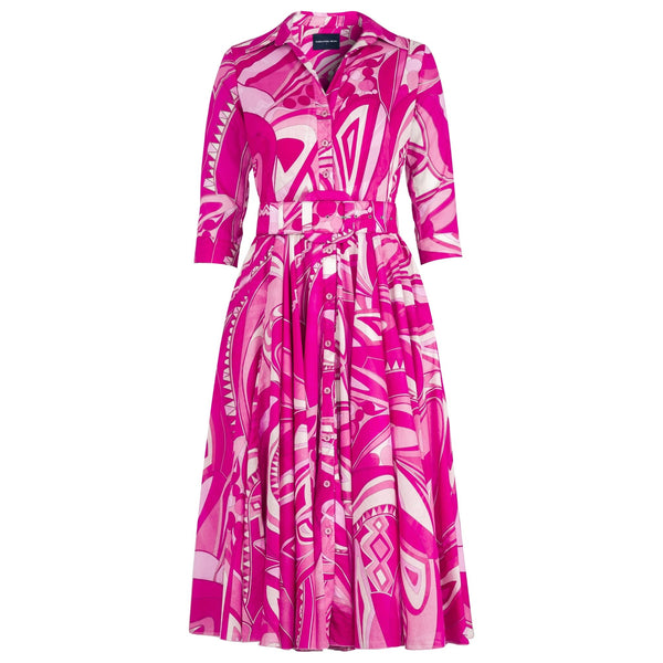 Pink printed long-sleeve midi dress with tie belt and V-neck front