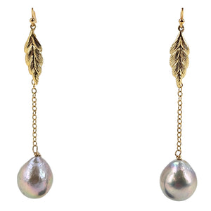 Gold leaf drop earrings with iridescent pearl dangle and long chain links
