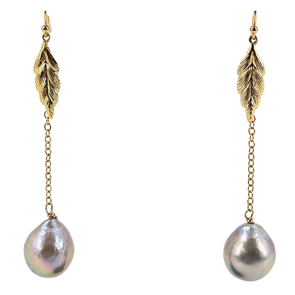 Gold leaf drop earrings with iridescent pearl dangle and long chain links