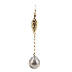 Gold leaf drop earring with textured leaf and iridescent pearl bead dangle