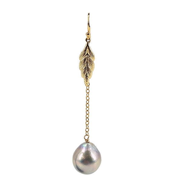 Gold leaf drop earring with textured leaf and iridescent pearl bead dangle