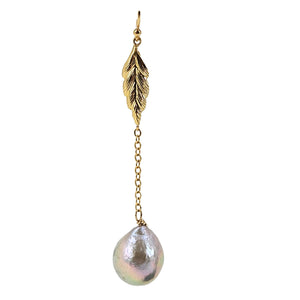 Gold leaf drop earring with textured leaf top and iridescent pearl drop