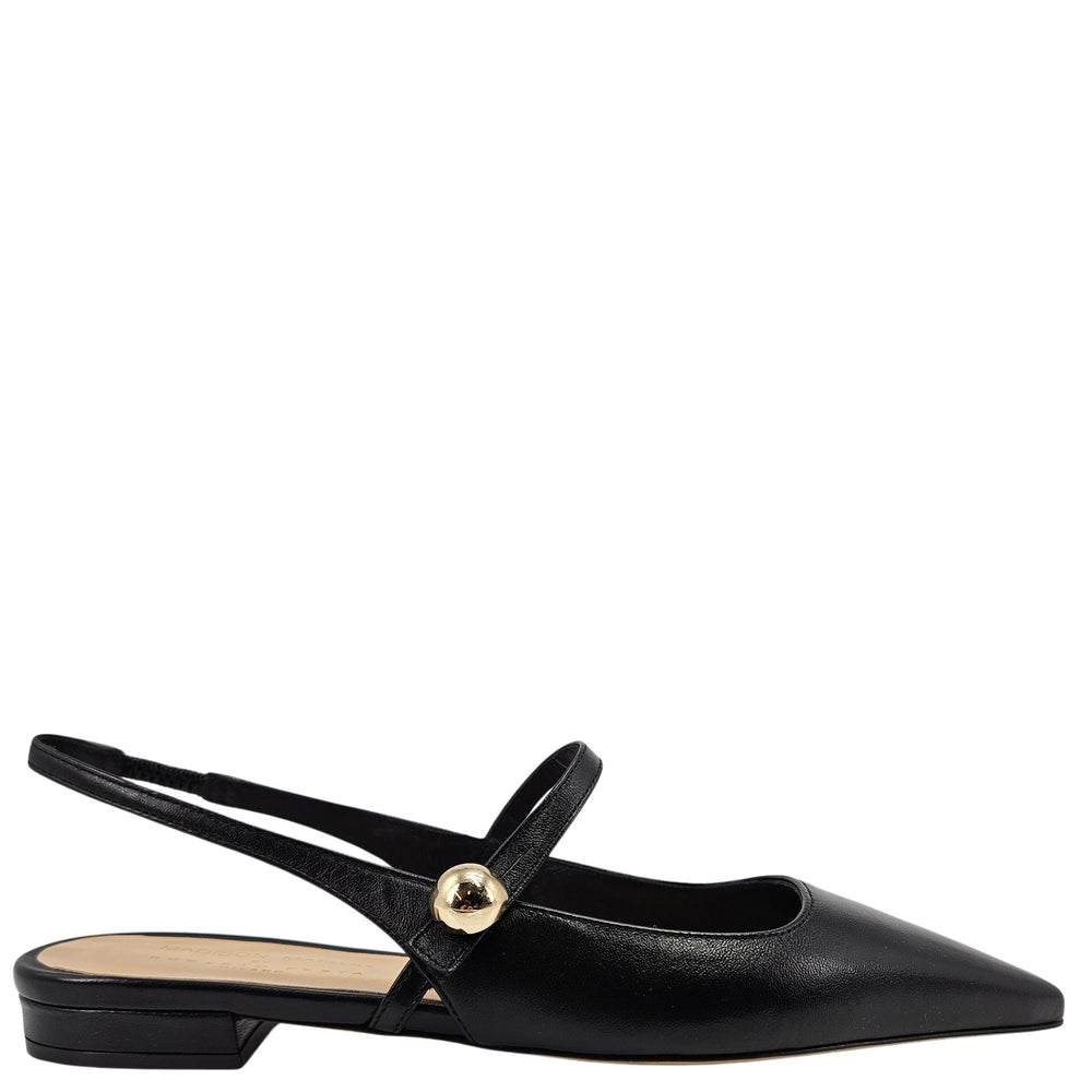 Black leather flat slingback with gold-tone buckle and low block heel