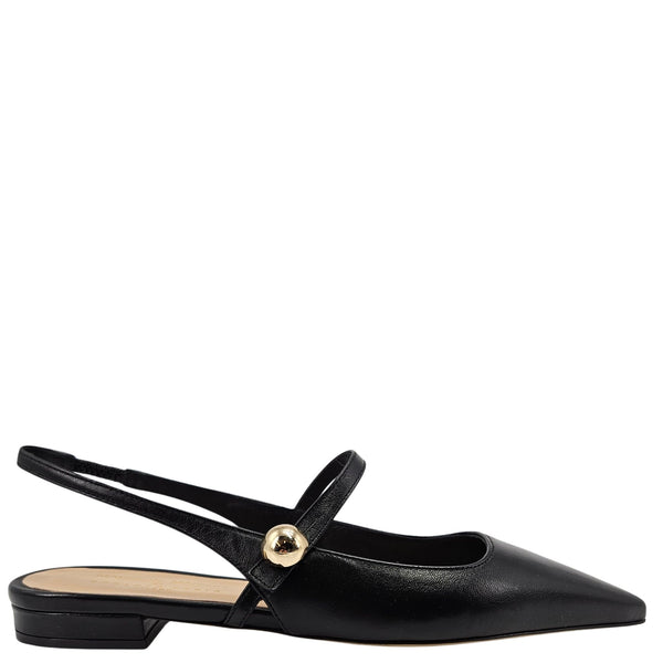 Black leather flat slingback with gold-tone buckle and low block heel