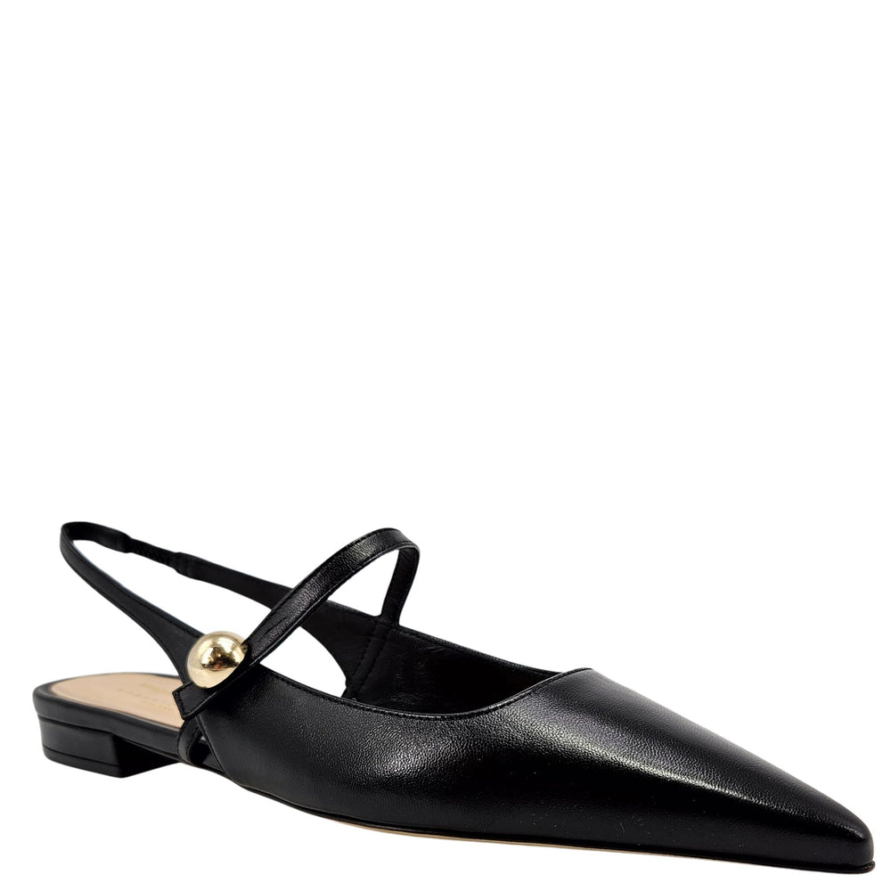 Black leather flat slingback with gold-tone buckle and low block heel