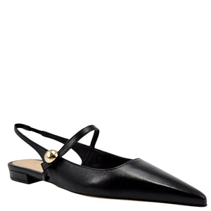 Black leather flat slingback with pointed toe, sling strap, and gold buckle