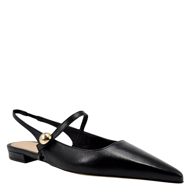 Black leather flat slingback with pointed toe, sling strap, and gold buckle