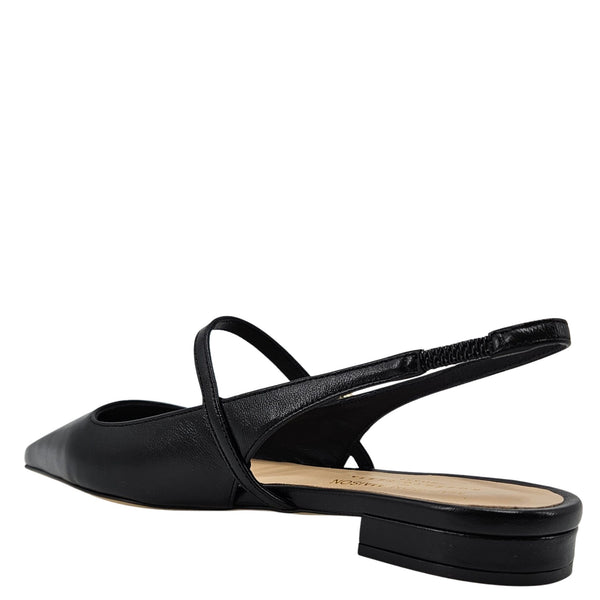 Black leather slingback flat shoe with ankle strap and low block heel