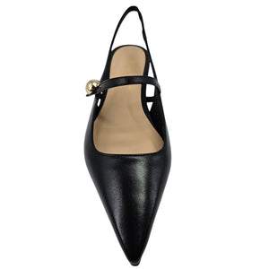 Black leather flat slingback pump with pointed toe and gold-tone sling buckle