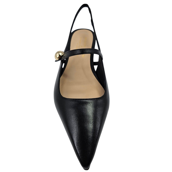 Black leather flat slingback pump with pointed toe and gold-tone sling buckle