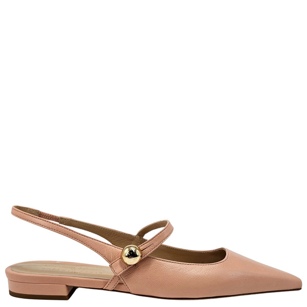 Light pink leather flat slingback with pointed toe and small gold buckle detail