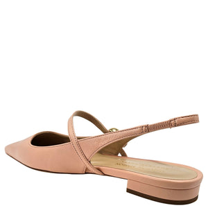 Light pink leather flat slingback showing pointed toe and low stacked heel
