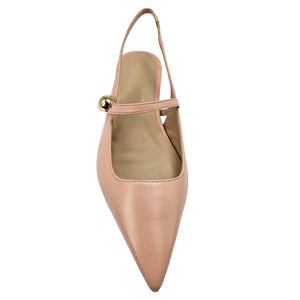 Light pink leather slingback flat with cutout opening and round gold buckle accent