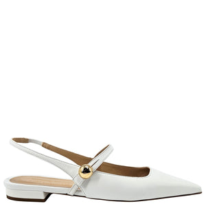 White leather flat slingback with pointed toe, sling strap, and low heel