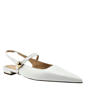 White leather slingback flats, pointed toe with gold buckle on side strap