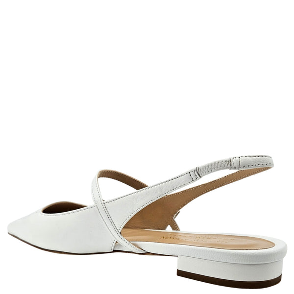 White leather slingback flat with low heel and open sling strap, side view
