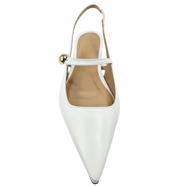 White leather pointed slingback pump with ankle strap and gold buckle detail