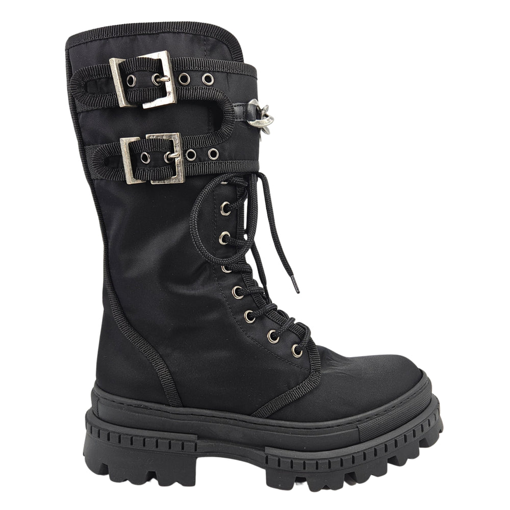 Black lace-up combat boot with double buckles and silver chain hardware