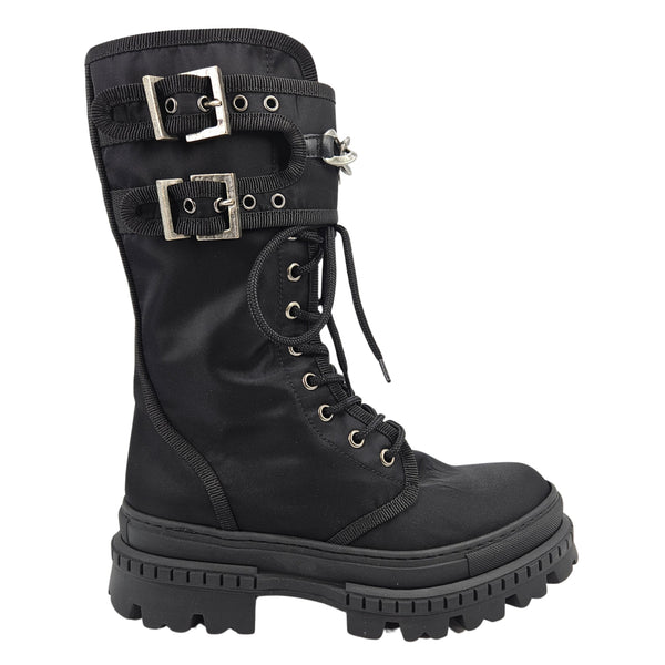 Black lace-up combat boot with double buckles and silver chain hardware