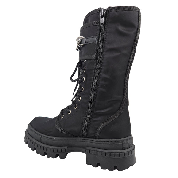 Black combat boot with side zipper, lace-up front, and chunky tread sole