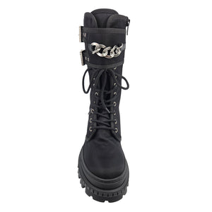 Black combat boot back with lace-up front and silver chain strap across cuff