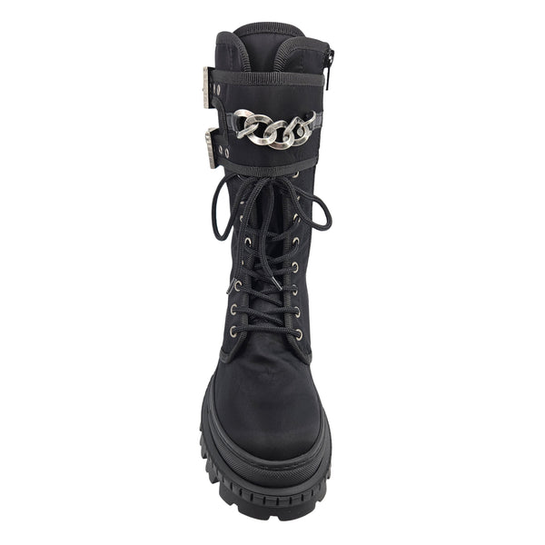 Black combat boot back with lace-up front and silver chain strap across cuff